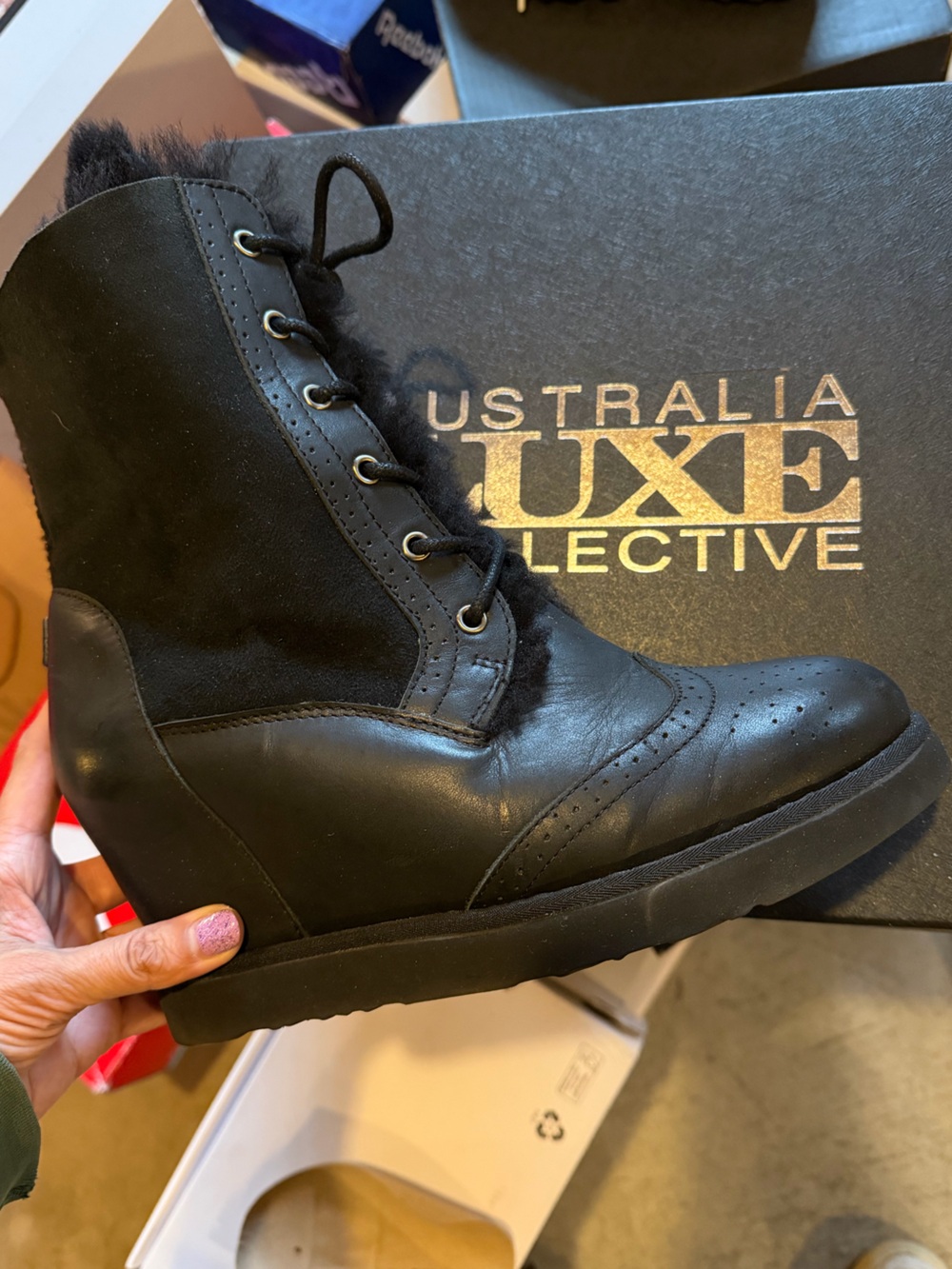 NIB Vintage Australia Luxe Collective Black Brogue Wedge Boots size 10